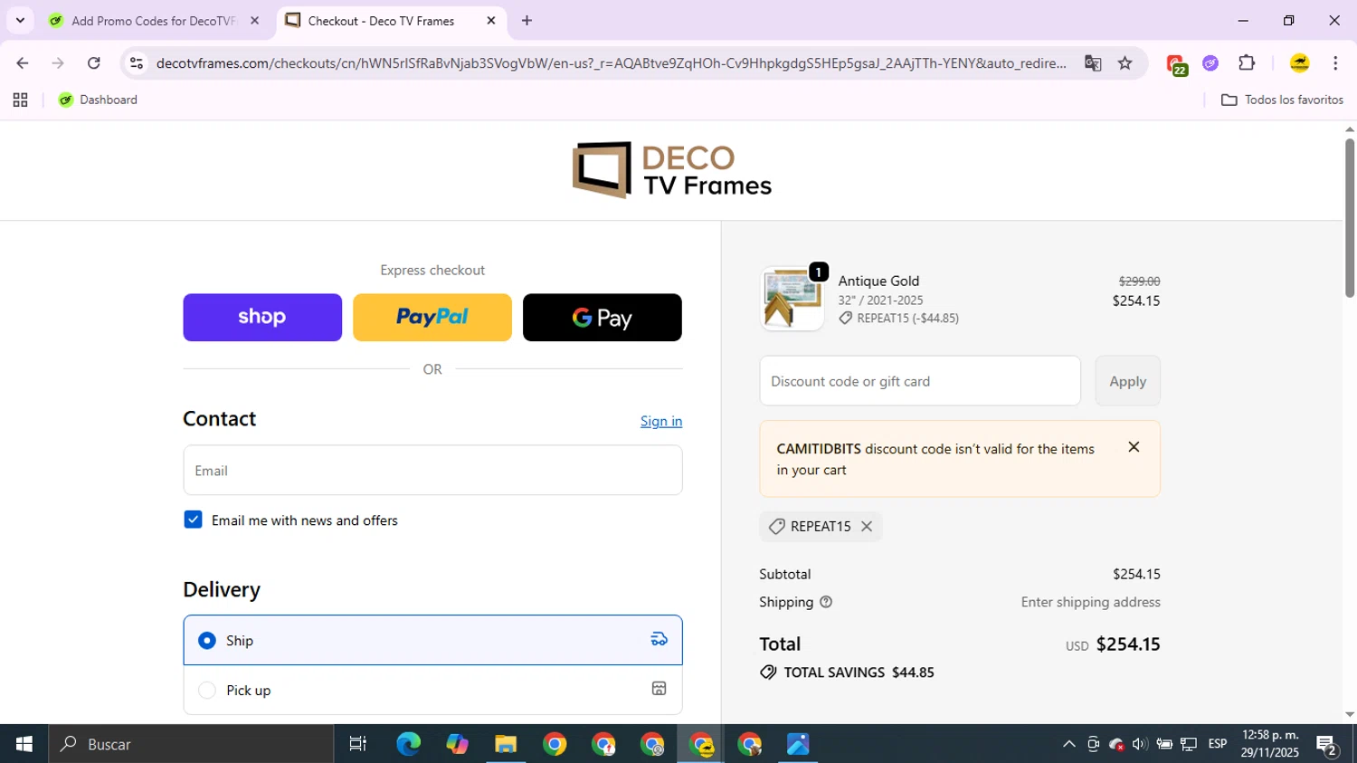 DecoTVFrames promo code screenshot showing code CAMITIDBITS applied at DecoTVFrames checkout page. Uploaded by SimplyCodes community member OldManEmu on Nov 29, 2025