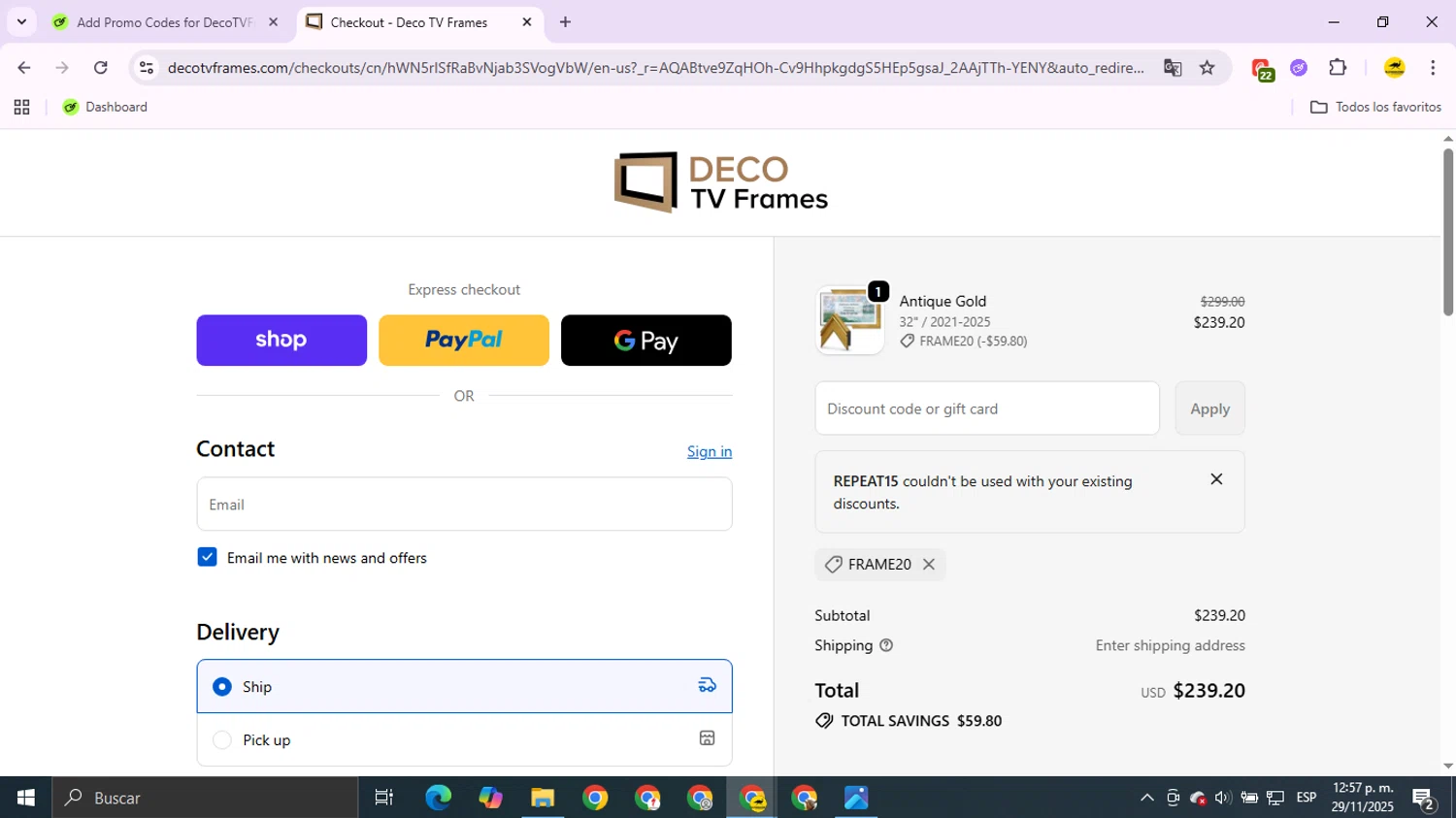 DecoTVFrames promo code screenshot showing code REPEAT15 applied at DecoTVFrames checkout page. Uploaded by SimplyCodes community member OldManEmu on Nov 29, 2025