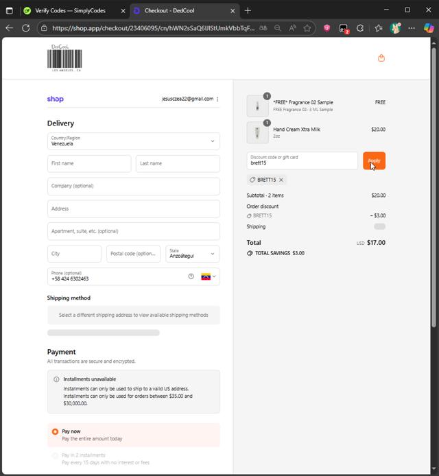 DedCool checkout page showing DedCool discount code box | Screenshot taken by SimplyCodes community member on Sep 12, 2025