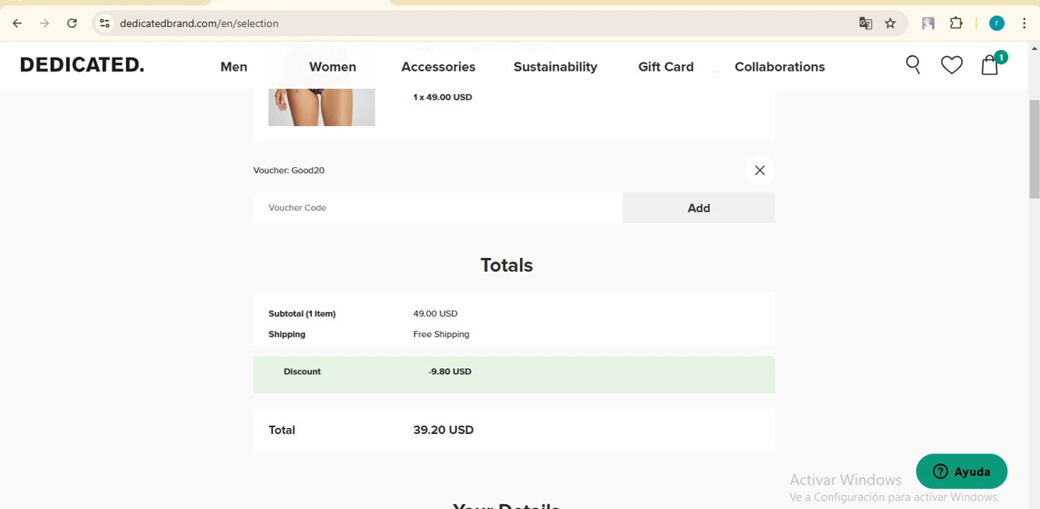 Dedicated Brand promo code screenshot showing code Good20 applied at Dedicated Brand checkout page. Uploaded by SimplyCodes community member LAZURDINHA on Feb 18, 2025