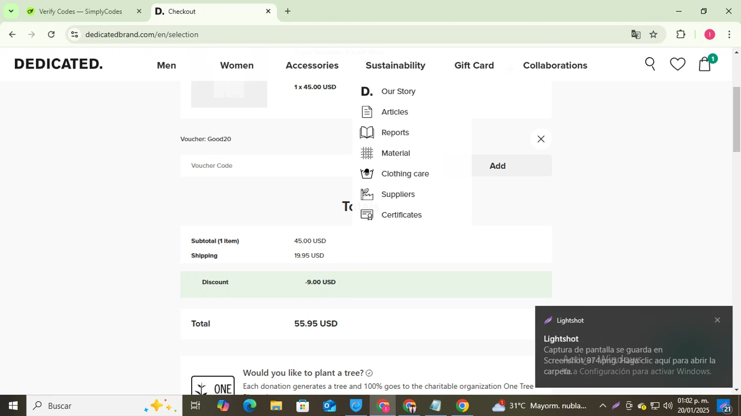 Dedicated Brand promo code screenshot showing code Good20 applied at Dedicated Brand checkout page. Uploaded by SimplyCodes community member MightyGuardian8404 on Jan 20, 2025