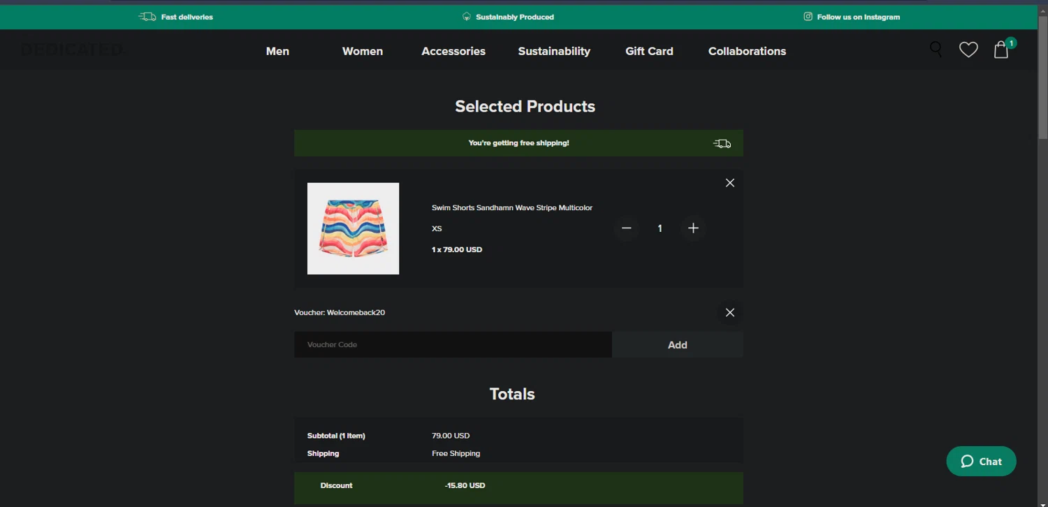 Dedicated Brand promo code screenshot showing code Welcomeback20 applied at Dedicated Brand checkout page. Uploaded by SimplyCodes community member Phil_YNN on Feb 18, 2025