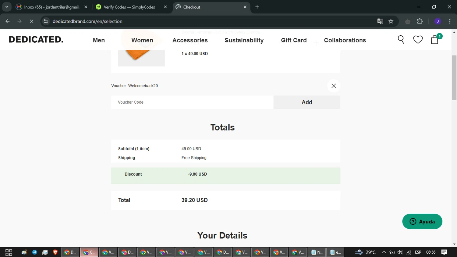 Dedicated Brand promo code screenshot showing code Welcomeback20 applied at Dedicated Brand checkout page. Uploaded by SimplyCodes community member LegendaryLegend9872 on Jan 20, 2025