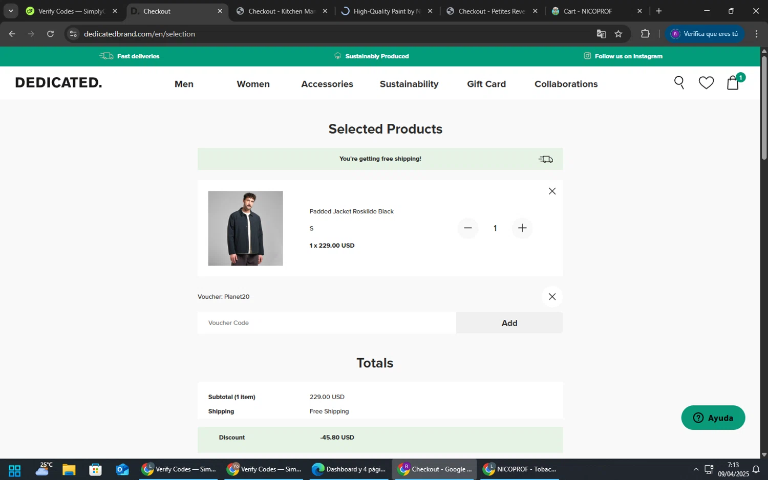 Dedicated Brand promo code screenshot showing code Planet20 applied at Dedicated Brand checkout page. Uploaded by SimplyCodes community member TokenFox2691 on Apr 9, 2025
