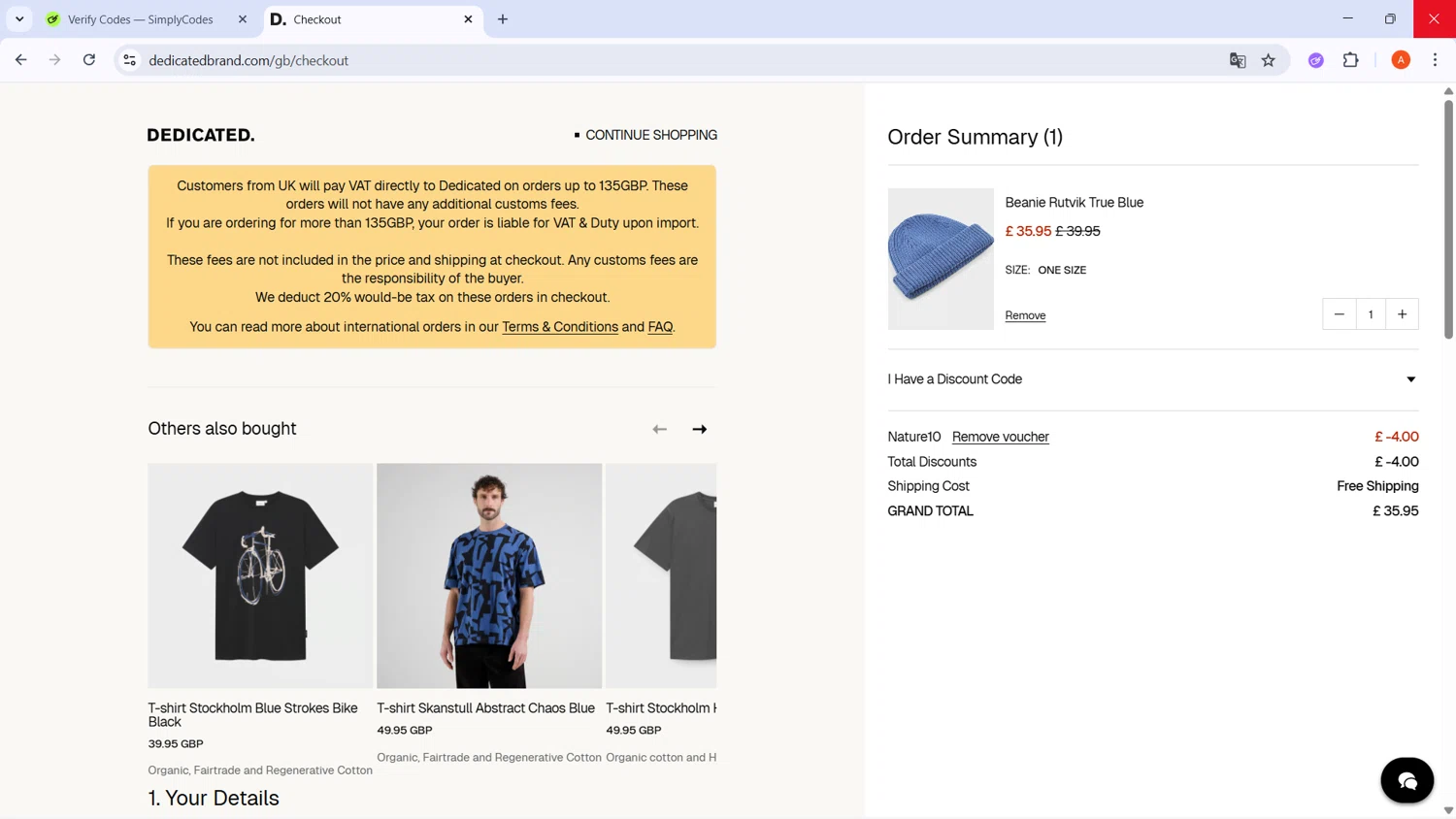 Dedicated Brand promo code screenshot showing code NATURE10 applied at Dedicated Brand checkout page. Uploaded by SimplyCodes community member GoldChaser2970 on Dec 6, 2025
