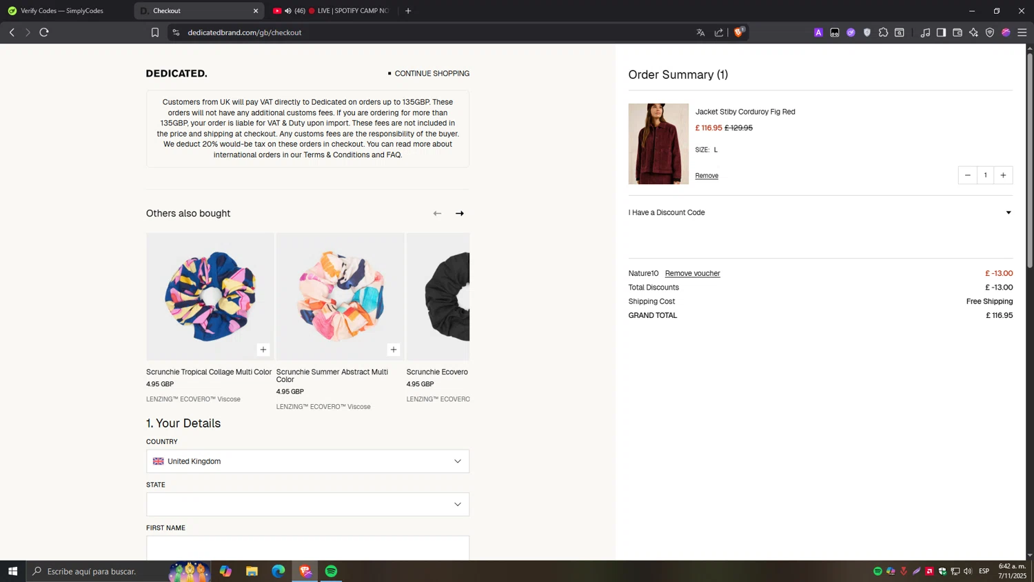 Dedicated Brand promo code screenshot showing code NATURE10 applied at Dedicated Brand checkout page. Uploaded by SimplyCodes community member Tragedy on Nov 7, 2025