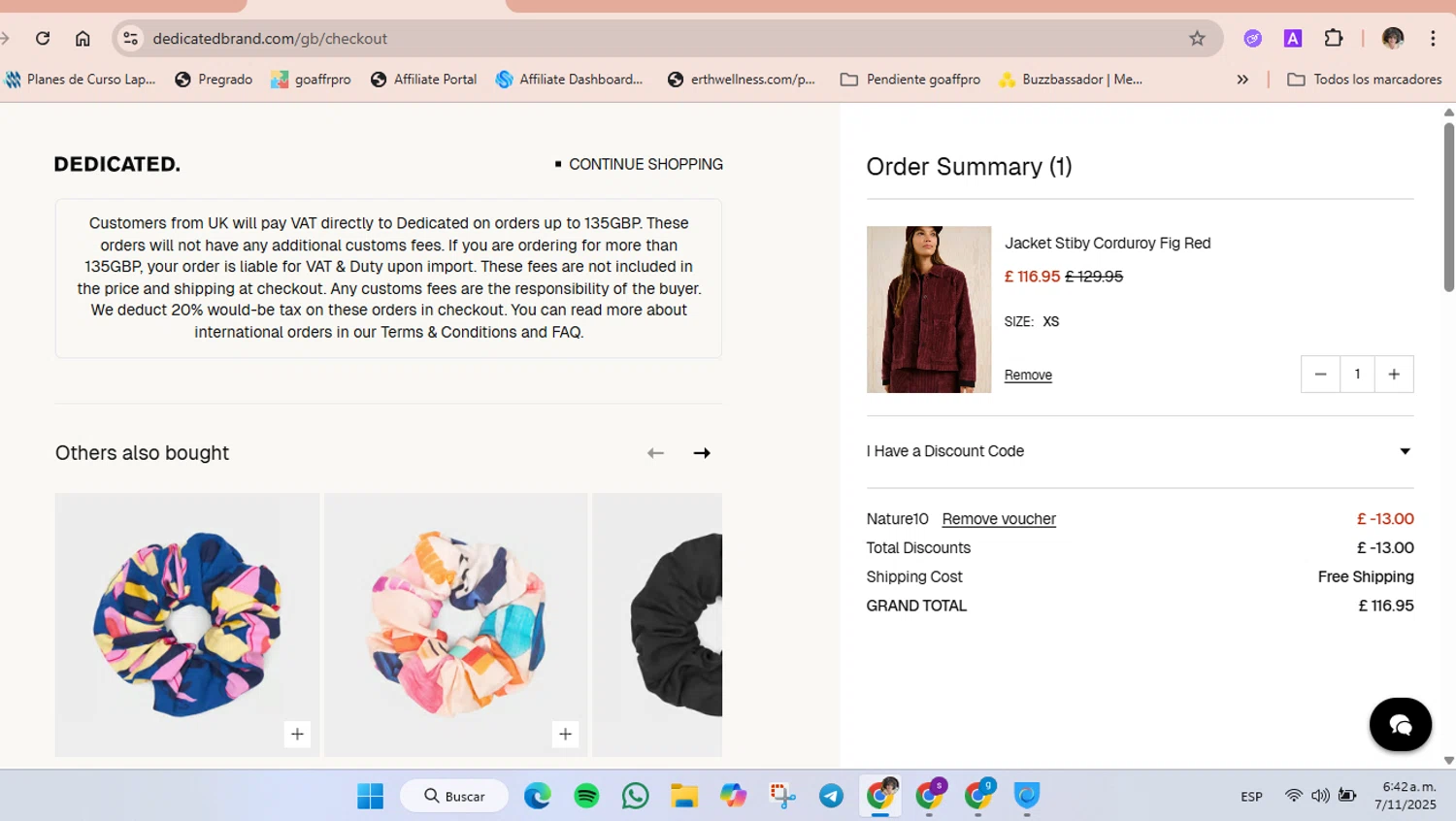 Dedicated Brand promo code screenshot showing code NATURE10 applied at Dedicated Brand checkout page. Uploaded by SimplyCodes community member luisaballera on Nov 7, 2025