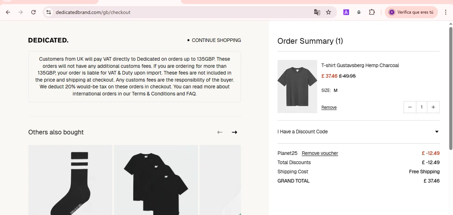 Dedicated Brand promo code screenshot showing code Planet25 applied at Dedicated Brand checkout page. Uploaded by SimplyCodes community member BonusDefender8823 on Nov 11, 2025