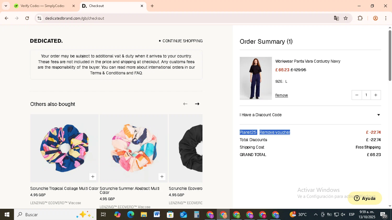 Dedicated Brand promo code screenshot showing code Planet25 applied at Dedicated Brand checkout page. Uploaded by SimplyCodes community member RebateCollector5909 on Oct 13, 2025