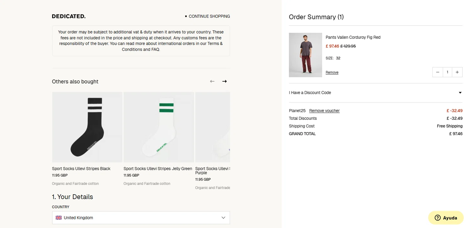 Dedicated Brand promo code screenshot showing code Planet25 applied at Dedicated Brand checkout page. Uploaded by SimplyCodes community member dimitriv on Oct 13, 2025