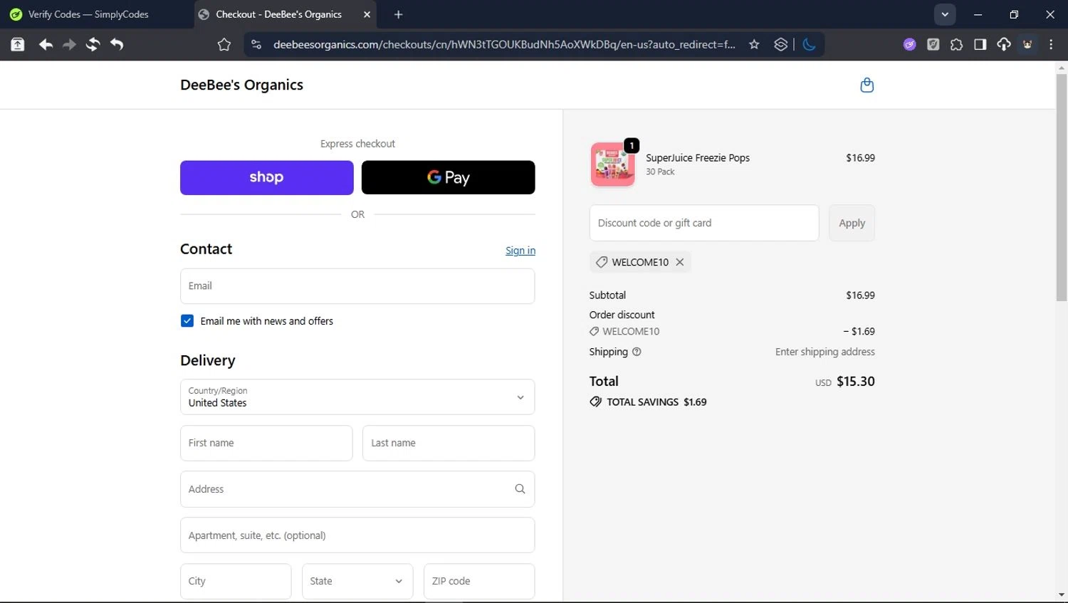 DeeBee's Organics promo code screenshot showing code welcome10 applied at DeeBee's Organics checkout page. Uploaded by SimplyCodes community member CleverPioneer8971 on Oct 8, 2025