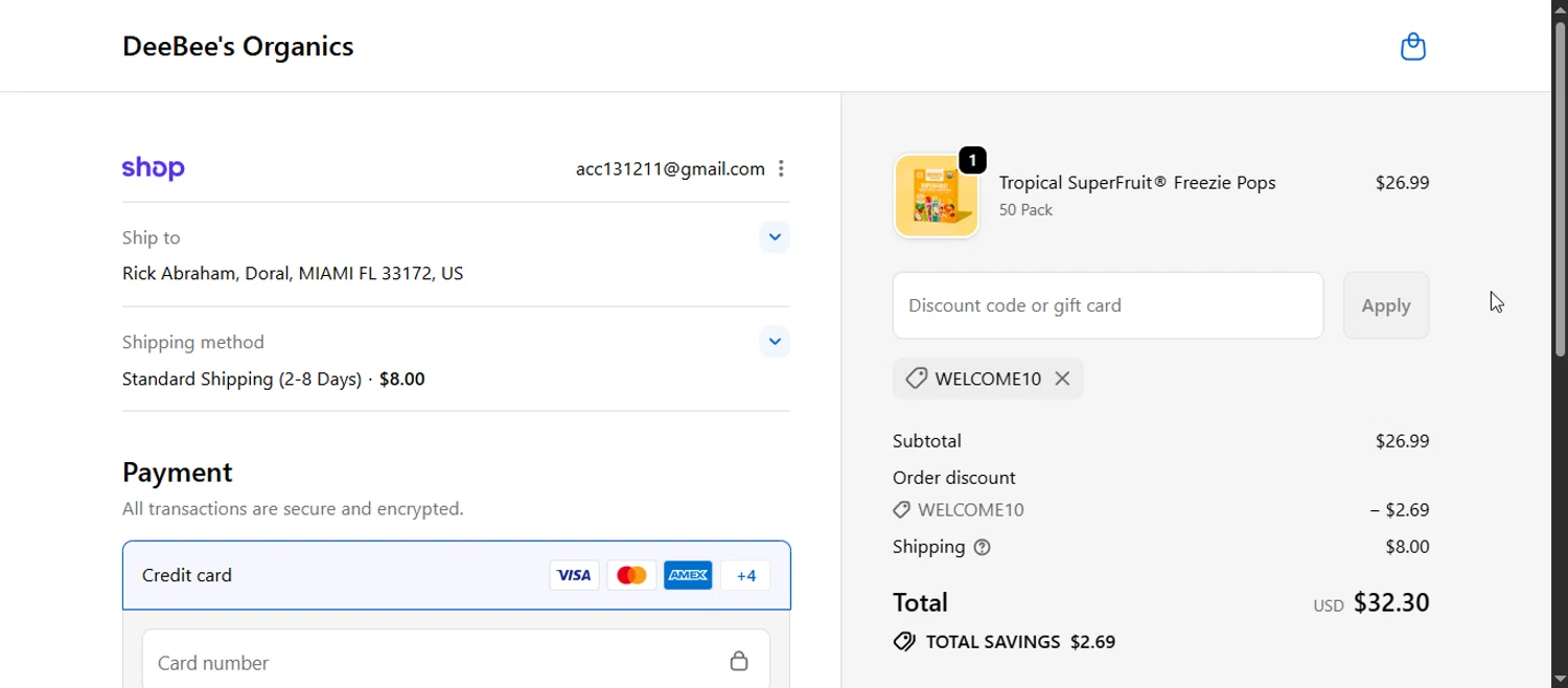 DeeBee's Organics promo code screenshot showing code welcome10 applied at DeeBee's Organics checkout page. Uploaded by SimplyCodes community member DiscountCurator3556 on Oct 20, 2025