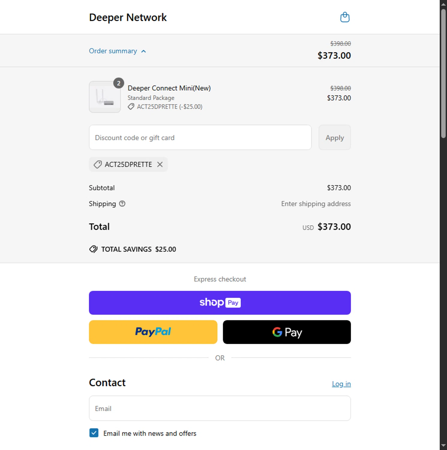 Deeper Network discount code screenshot showing code ACT25DPRETTE applied at Deeper Network checkout page. Uploaded by SimplyCodes community member Alejandra10 on Jun 9, 2025