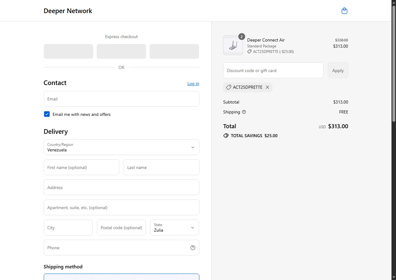 Deeper Network discount code screenshot showing code ACT25DPRETTE applied at Deeper Network checkout page. Uploaded by SimplyCodes community member Beaaalmera on Aug 15, 2025