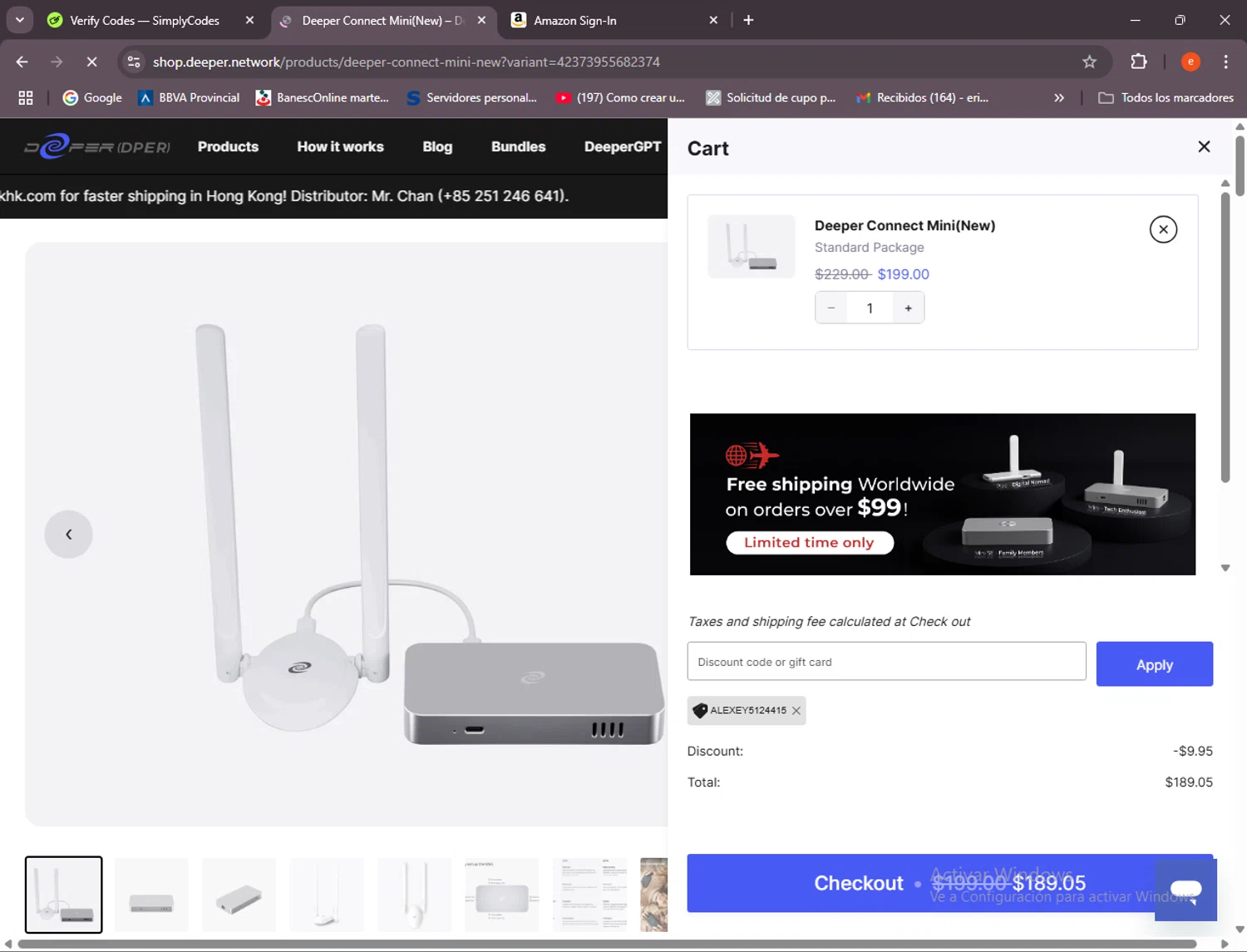 Deeper Network discount code screenshot showing code ALEXEY5124415 applied at Deeper Network checkout page. Uploaded by SimplyCodes community member BrilliantSleuth7740 on Apr 1, 2025