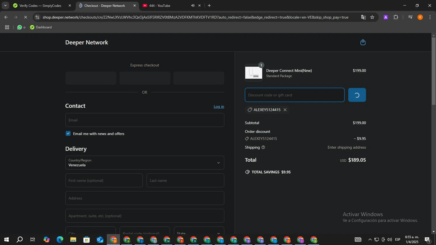 Deeper Network discount code screenshot showing code ALEXEY5124415 applied at Deeper Network checkout page. Uploaded by SimplyCodes community member PromoTitan1625 on Apr 1, 2025