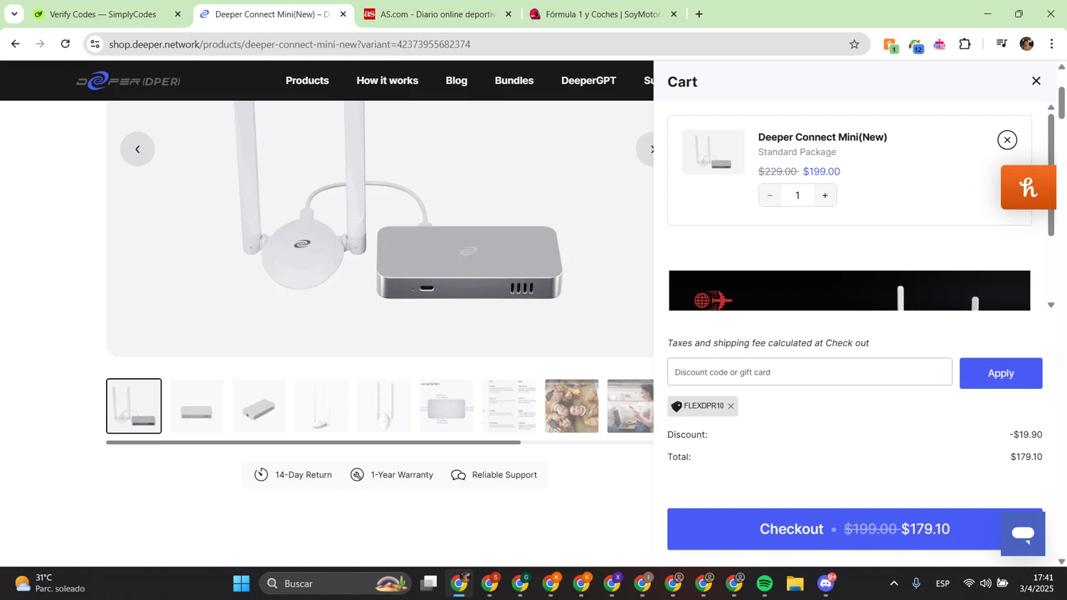 Deeper Network discount code screenshot showing code FLEXDPR10 applied at Deeper Network checkout page. Uploaded by SimplyCodes community member alfredish on Apr 3, 2025