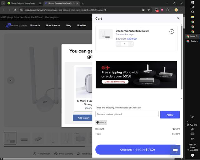 Deeper Network checkout page showing Deeper Network discount code box | Screenshot taken by SimplyCodes community member on Sep 15, 2025