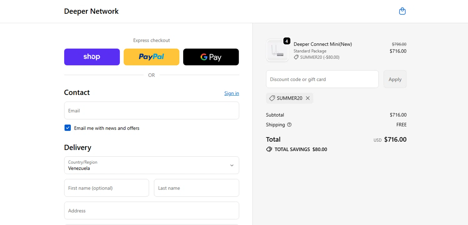 Deeper Network discount code screenshot showing code SUMMER20 applied at Deeper Network checkout page. Uploaded by SimplyCodes community member CashAce9852 on Oct 26, 2025