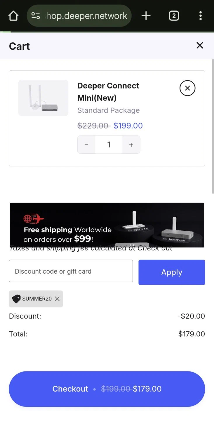 Deeper Network discount code screenshot showing code SUMMER20 applied at Deeper Network checkout page. Uploaded by SimplyCodes community member CleverLynx5188 on Aug 2, 2025