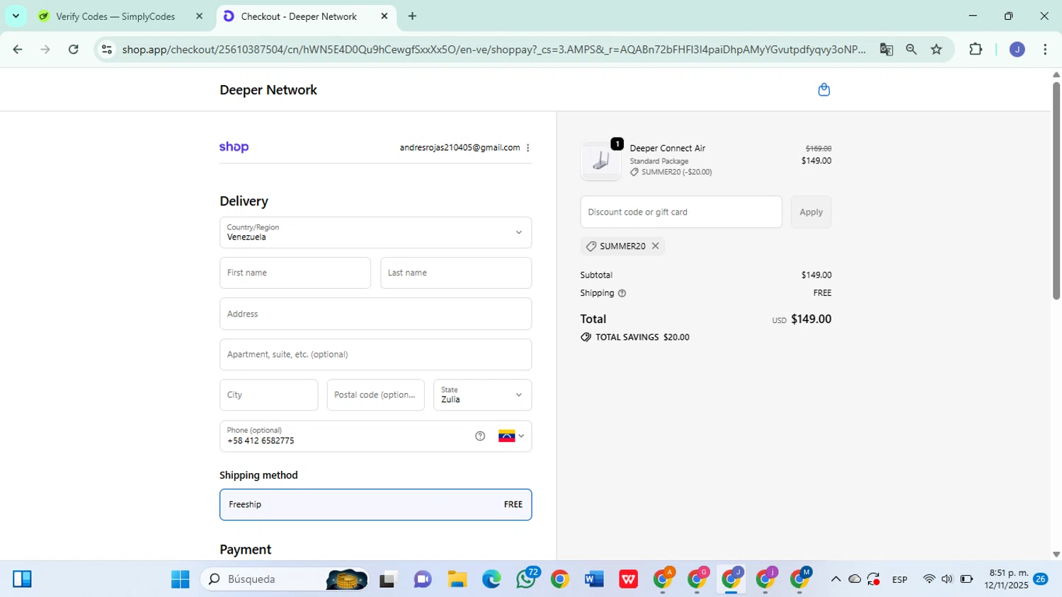 Deeper Network discount code screenshot showing code SUMMER20 applied at Deeper Network checkout page. Uploaded by SimplyCodes community member DiscountSleuth6807 on Nov 13, 2025