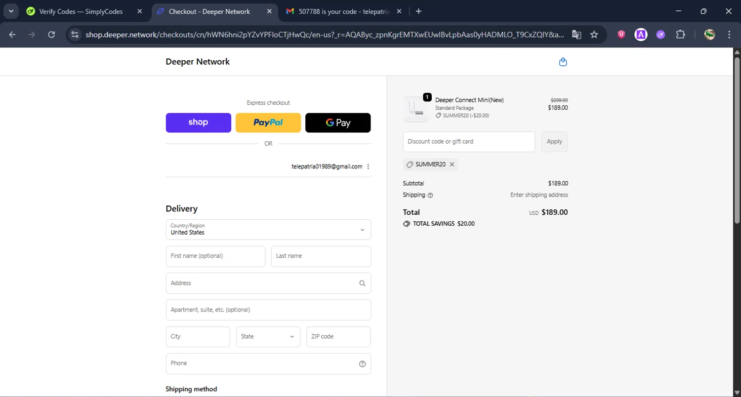 Deeper Network discount code screenshot showing code SUMMER20 applied at Deeper Network checkout page. Uploaded by SimplyCodes community member RewardDefender7173 on Dec 22, 2025