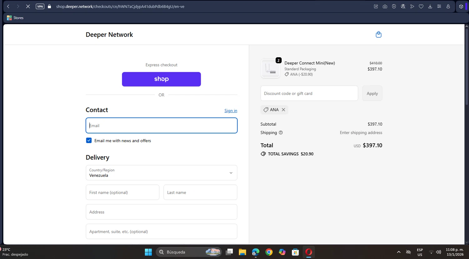 Deeper Network discount code screenshot showing code ANA applied at Deeper Network checkout page. Uploaded by SimplyCodes community member belma123 on Jan 14, 2026