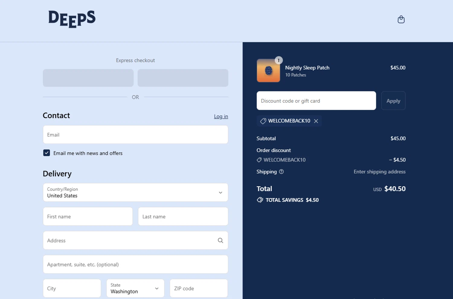 Deeps promo code screenshot showing code welcomeback10 applied at Deeps checkout page. Uploaded by SimplyCodes community member FrugalKnight782 on Aug 4, 2025