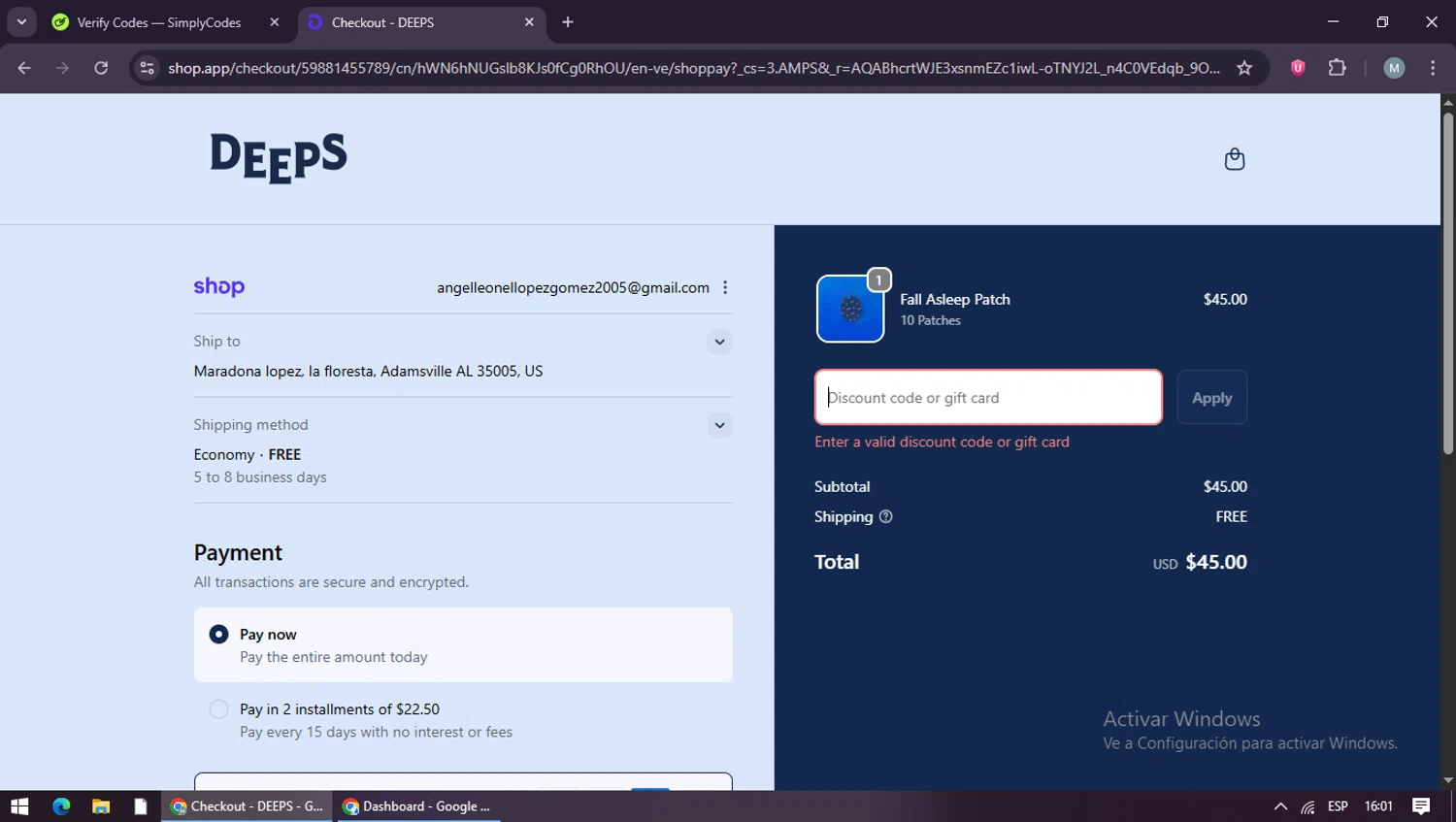 Deeps promo code screenshot showing code thejasminemaria applied at Deeps checkout page. Uploaded by SimplyCodes community member maraxo on Dec 21, 2025