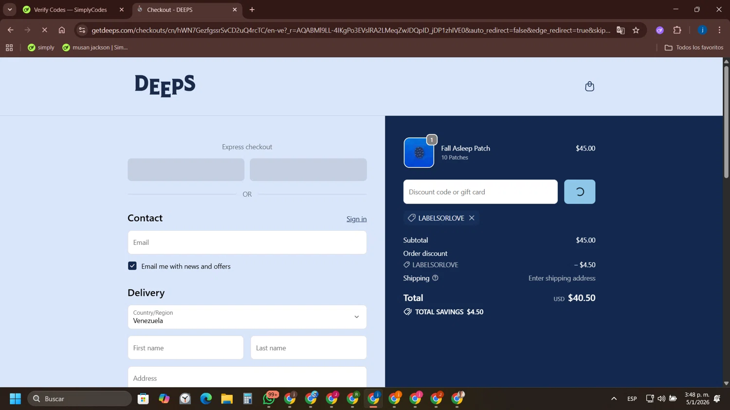 Deeps promo code screenshot showing code LABELSORLOVE applied at Deeps checkout page. Uploaded by SimplyCodes community member yameteqdasai on Jan 5, 2026