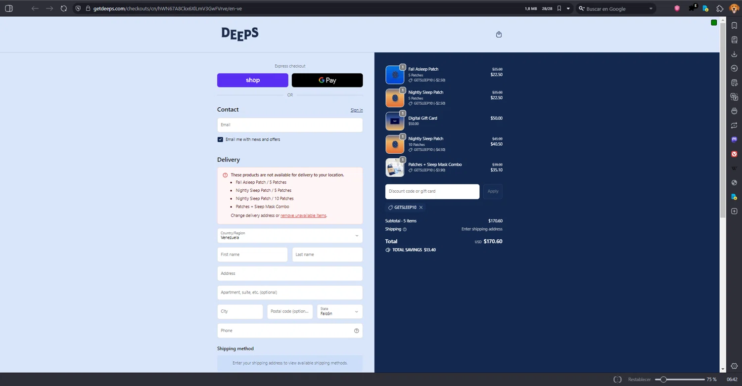 Deeps promo code screenshot showing code GETSLEEP10 applied at Deeps checkout page. Uploaded by SimplyCodes community member MRDEAL on Dec 6, 2025
