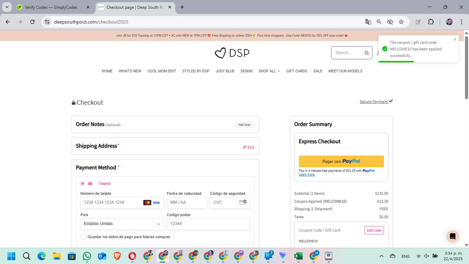Deep South Pout coupon code screenshot showing code WELCOME10 applied at Deep South Pout checkout page. Uploaded by SimplyCodes community member MarielisPb on Apr 22, 2025