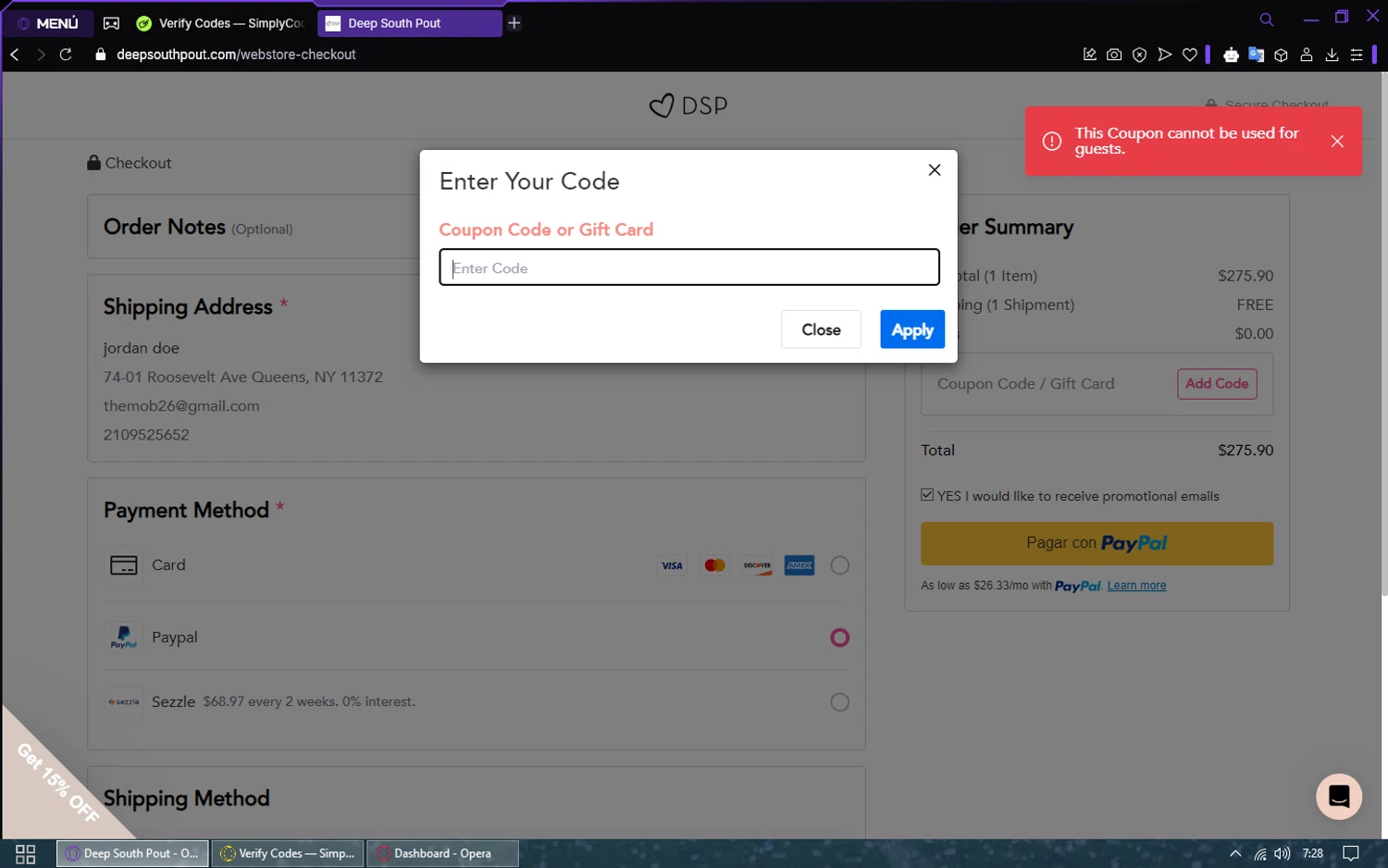 Deep South Pout coupon code screenshot showing code WELCOME15 applied at Deep South Pout checkout page. Uploaded by SimplyCodes community member FrugalSaver5213 on Feb 8, 2025