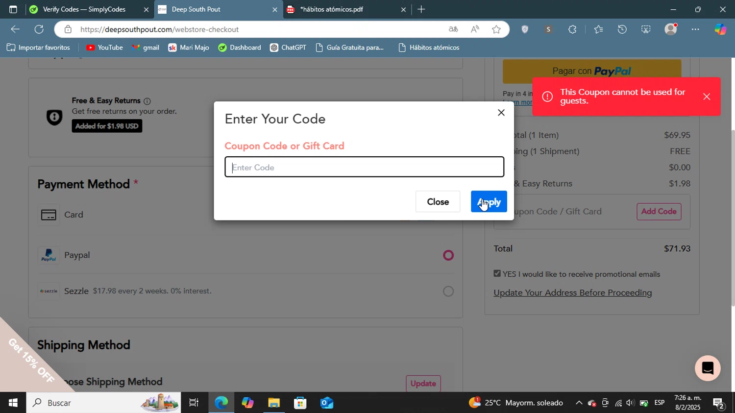 Deep South Pout coupon code screenshot showing code WELCOME15 applied at Deep South Pout checkout page. Uploaded by SimplyCodes community member ShieldGenius127 on Feb 8, 2025
