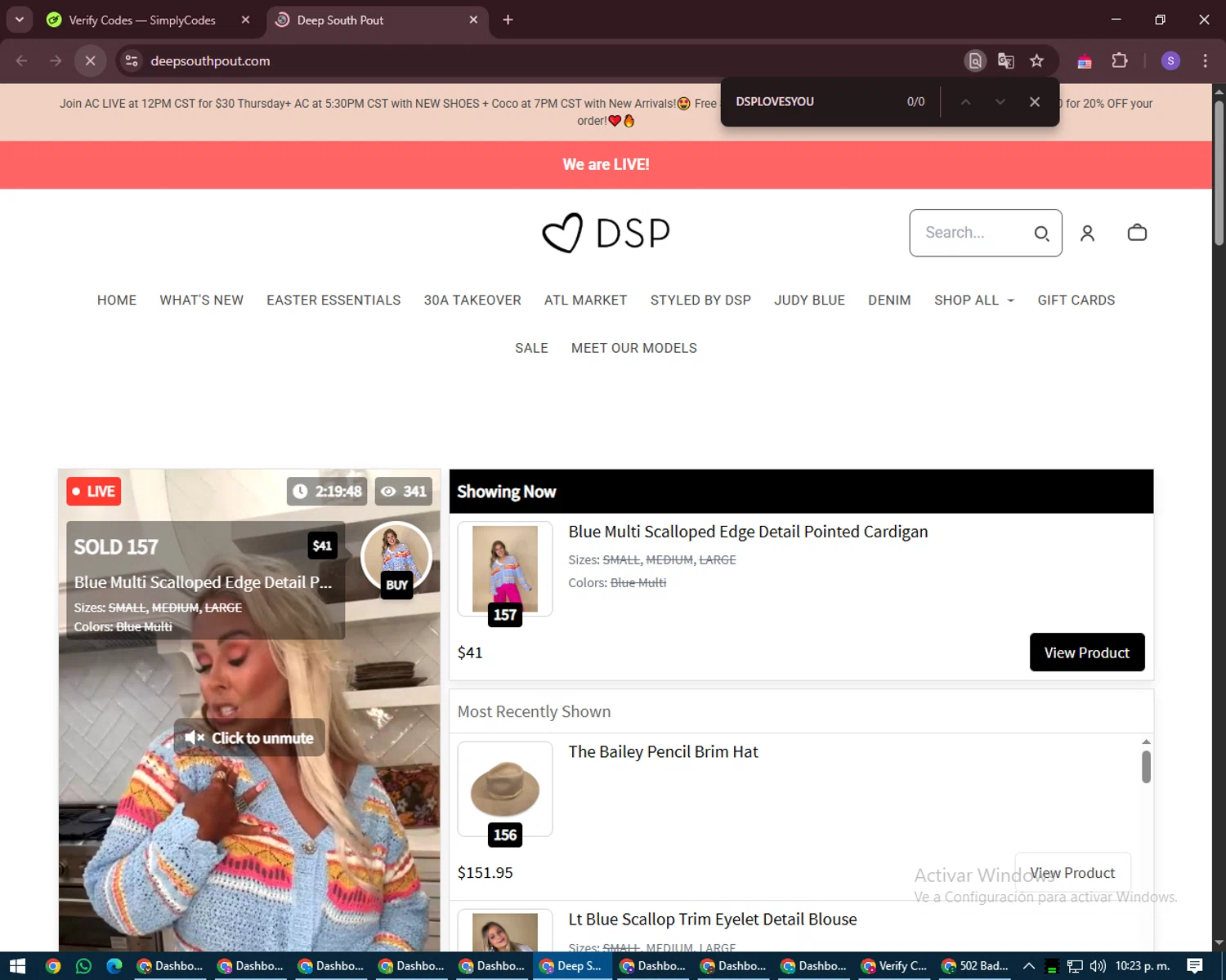 Deep South Pout coupon code screenshot showing code DSPLOVESYOU applied at Deep South Pout checkout page. Uploaded by SimplyCodes community member LuckyVoyager688 on Apr 18, 2025