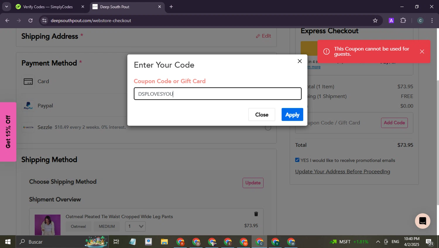 Deep South Pout coupon code screenshot showing code DSPLOVESYOU applied at Deep South Pout checkout page. Uploaded by SimplyCodes community member benjamnlev on Apr 3, 2025