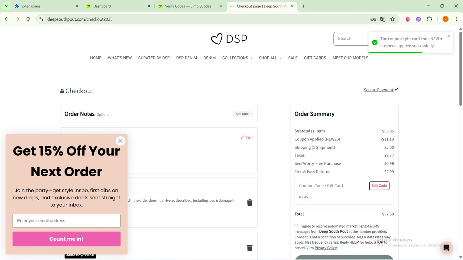 Deep South Pout checkout page showing Deep South Pout coupon code box | Screenshot taken by SimplyCodes community member on Oct 9, 2025