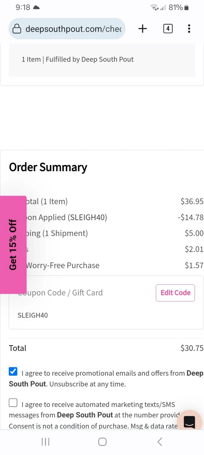 Deep South Pout checkout page showing Deep South Pout coupon code box | Screenshot taken by SimplyCodes community member on Dec 7, 2025