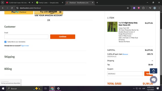 Deerbusters checkout page showing Deerbusters promo code box | Screenshot taken by SimplyCodes community member on Jul 13, 2025