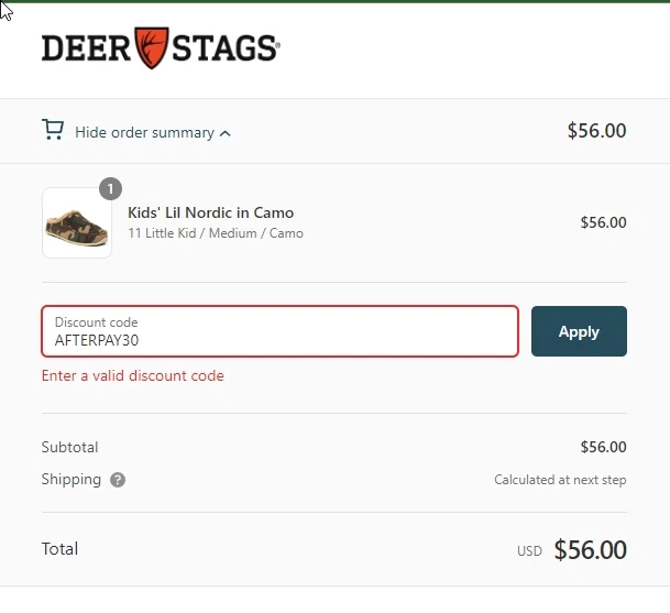 Deer Stags checkout page showing Deer Stags promo code box | Screenshot taken by SimplyCodes community member on Aug 14, 2022