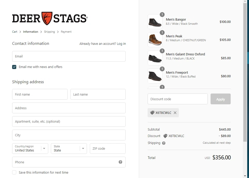 Deer Stags checkout page showing Deer Stags promo code box | Screenshot taken by SimplyCodes community member on Mar 28, 2022
