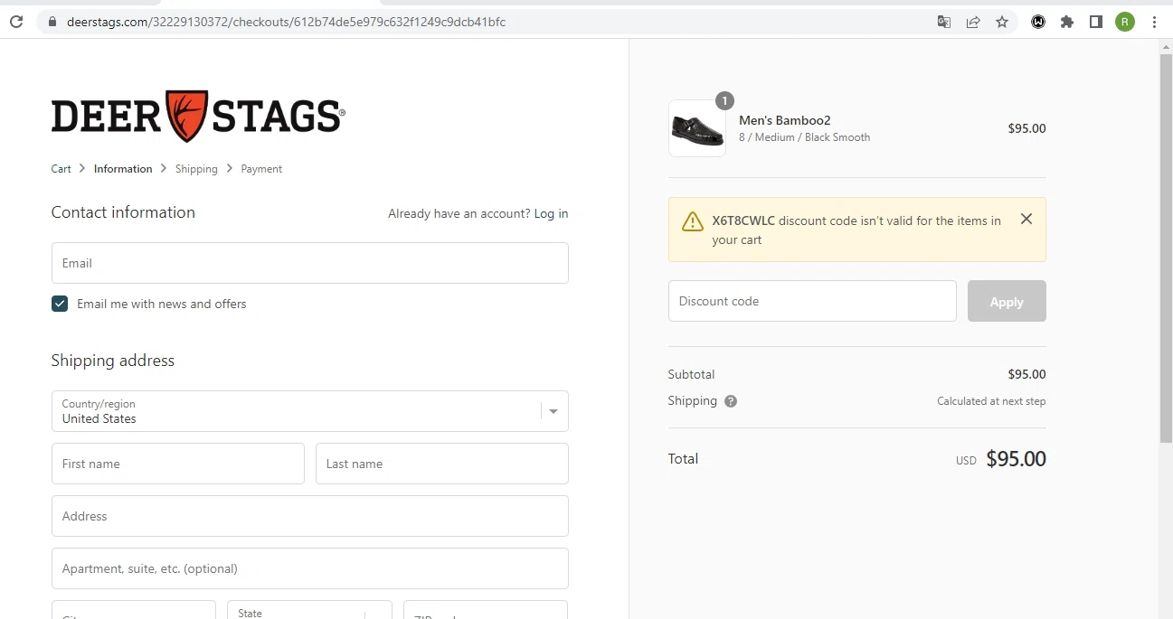 Deer Stags checkout page showing Deer Stags promo code box | Screenshot taken by SimplyCodes community member on Aug 4, 2022