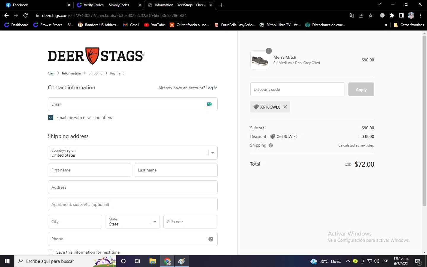 Deer Stags checkout page showing Deer Stags promo code box | Screenshot taken by SimplyCodes community member on Jul 6, 2022