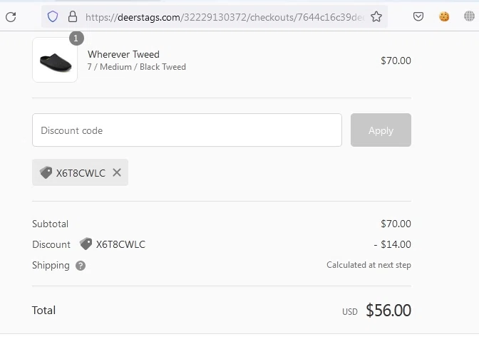 Deer Stags checkout page showing Deer Stags promo code box | Screenshot taken by SimplyCodes community member on May 31, 2022
