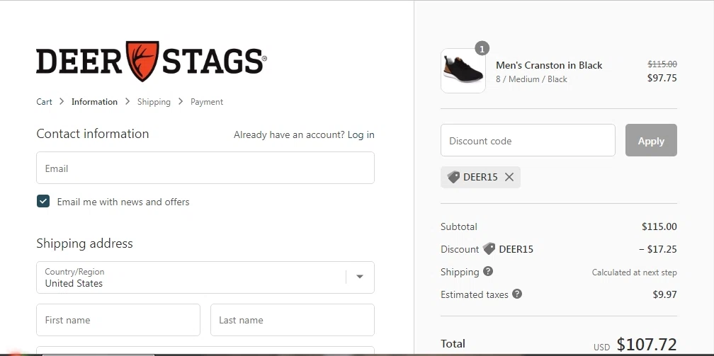 Deer Stags checkout page showing Deer Stags promo code box | Screenshot taken by SimplyCodes community member on Feb 27, 2023
