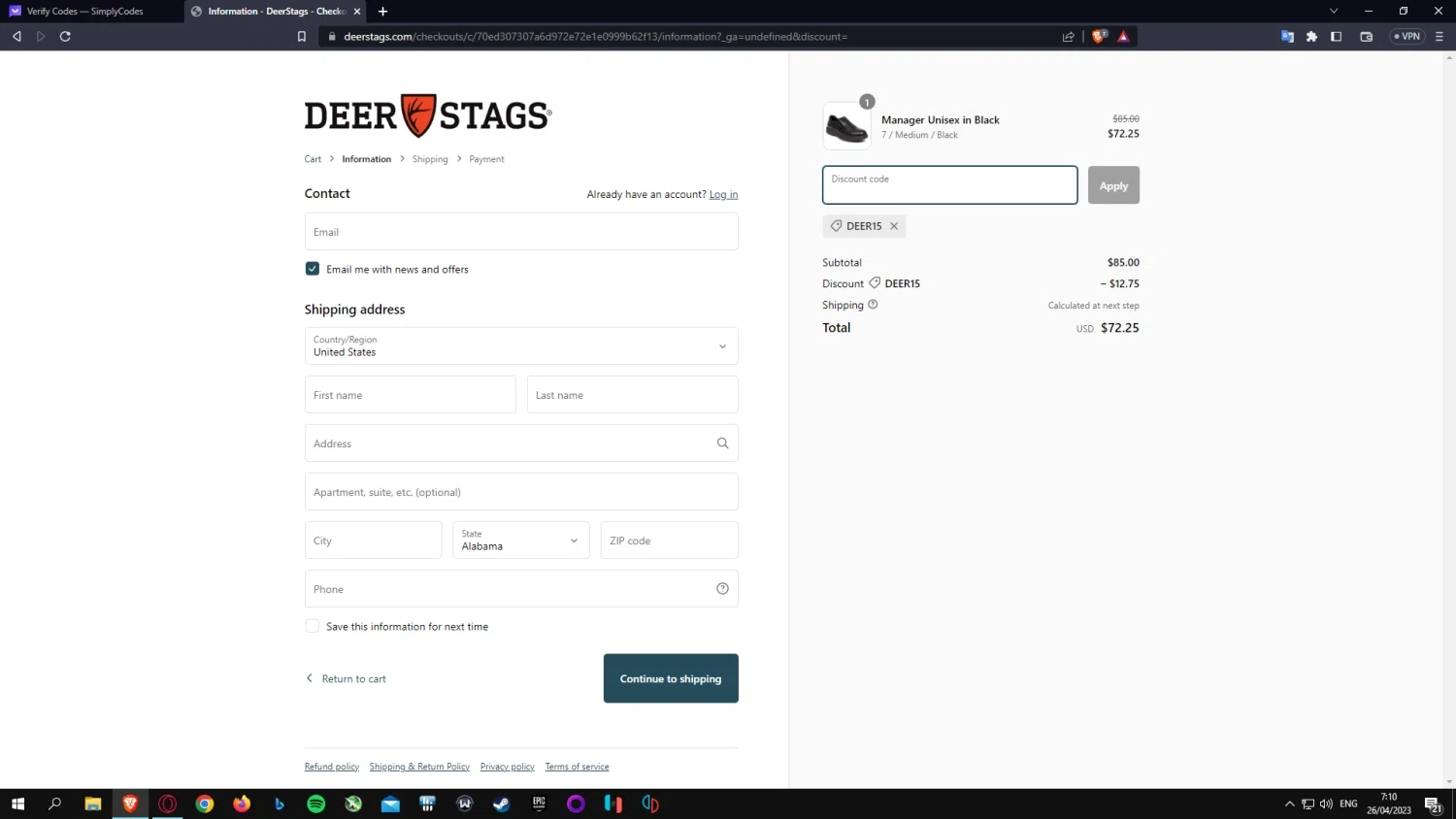 Deer Stags checkout page showing Deer Stags promo code box | Screenshot taken by SimplyCodes community member on Apr 26, 2023