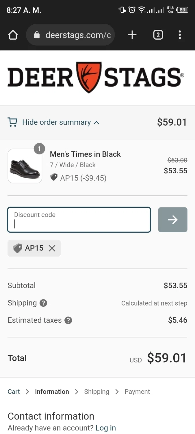 Deer Stags checkout page showing Deer Stags promo code box | Screenshot taken by SimplyCodes community member on Mar 18, 2023