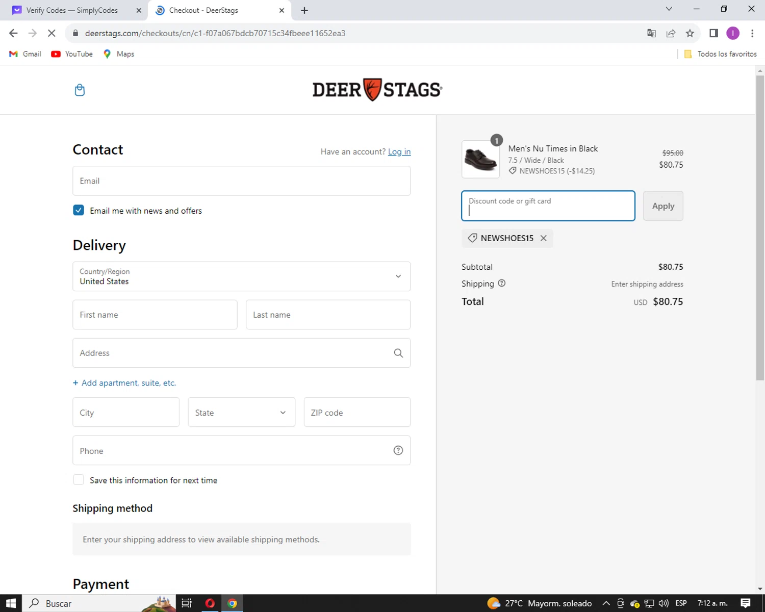 Deer Stags checkout page showing Deer Stags promo code box | Screenshot taken by SimplyCodes community member on Oct 24, 2023