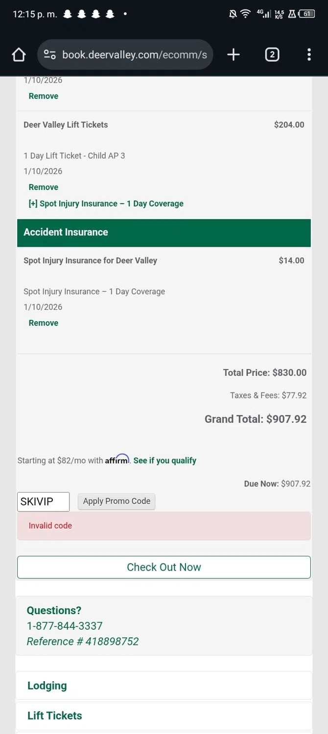 Deer Valley promo code screenshot showing code SKIVIP applied at Deer Valley checkout page. Uploaded by SimplyCodes community member JandryV on Dec 30, 2025