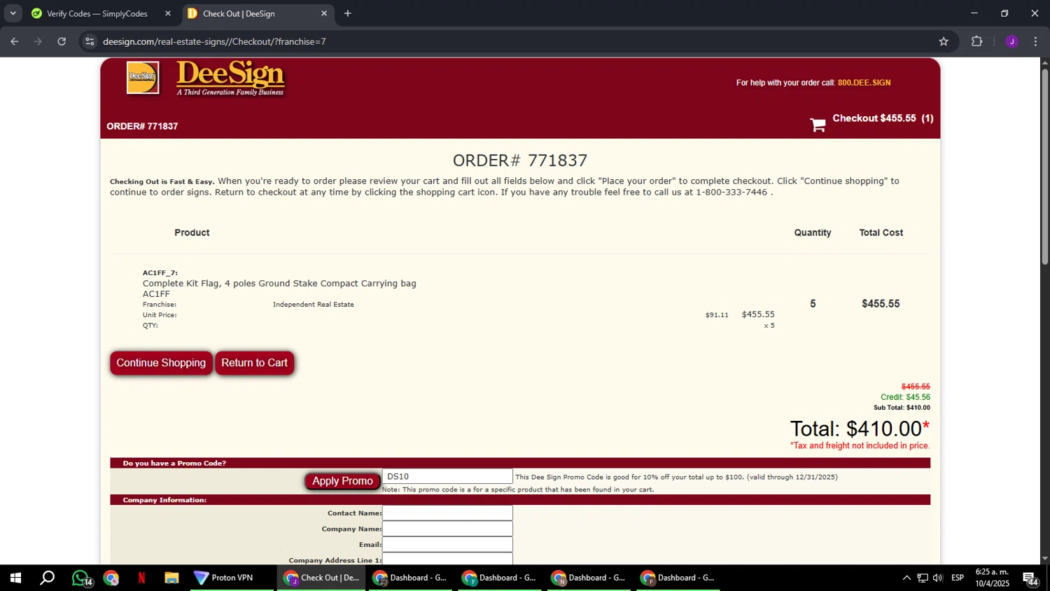 Dee Sign promo code screenshot showing code DS10 applied at Dee Sign checkout page. Uploaded by SimplyCodes community member ComeBurra123 on Apr 10, 2025